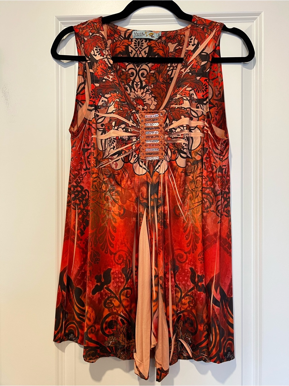 Y2K Boho Abstract Handkerchief Hem Tunic Top Flowy with Sequins